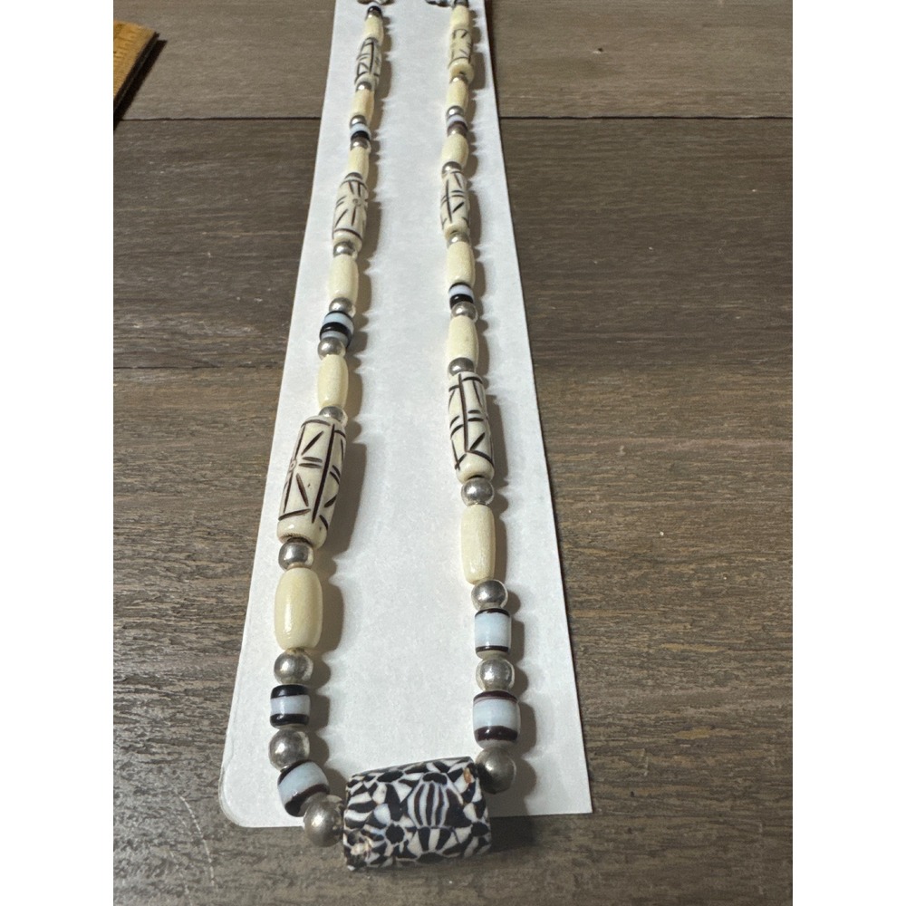 Tribal Carved Beaded Necklace Cream Black Etched Batik Focal Bead 22 Inch